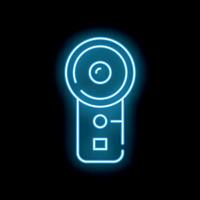 Blue neon sign of a 360 degrees camera on black background vector