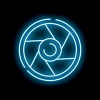 Blue neon camera shutter glowing on black background vector