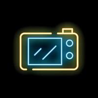 Neon sign depicting microwave oven with glowing lines on black background vector