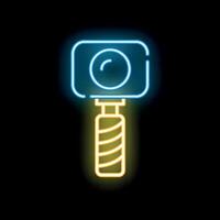 Neon camera shining on black background vector