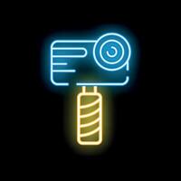 Neon sign of action camera for vlogging and travel mounted on a selfie stick vector