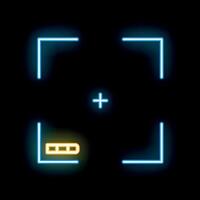 Neon blue glowing camera viewfinder with battery icon showing low power on black background vector