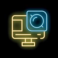 Neon icon of action camera recording with fisheye lens effect vector