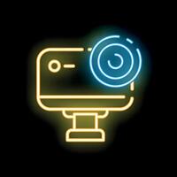 Neon icon of action camera recording with blue and yellow lights vector