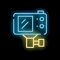 Glowing neon line action extreme camera icon isolated on black background, camera icon for projects vector