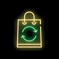 Neon icon of reusable paper shopping bag with recycle symbol glowing on dark background vector