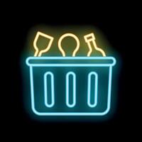 Neon trash can full of empty bottles and glasses icon glowing on dark background vector
