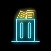 Glowing neon line trash can being filled with paper documents icon isolated on black background. illustration vector