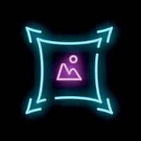 Neon icon of image being stretched by four arrows on black background vector