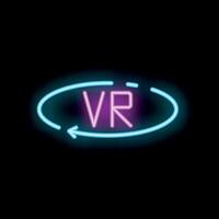 Neon sign showing vr with circular arrow on black background vector