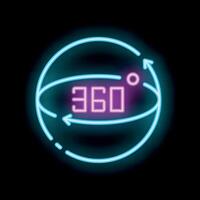 Neon sign showing 360 degrees rotation icon on black background vector