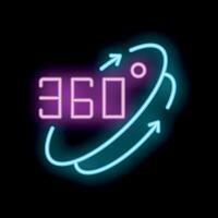 Neon 360 degrees rotation sign with arrows on black background vector