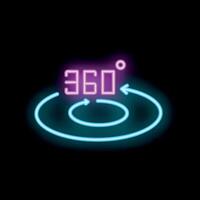 Neon 360 degrees rotation sign with circular arrows on black background vector