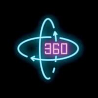 Neon 360 degrees rotation sign with arrows on black background vector