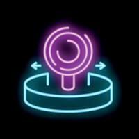 Neon icon of magnifying glass analyzing on platform with arrows pointing to center vector