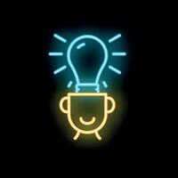 Neon sign of a head with a light bulb having an idea vector