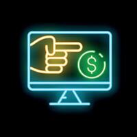 Neon icon of hand pointing at dollar sign on computer screen vector