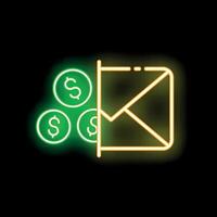 Neon sign representing sending money online with dollar coins entering an envelope vector
