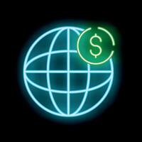 Neon sign representing global business and finance with glowing globe and dollar symbol vector