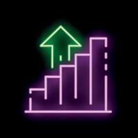 Neon sign depicting growing bar chart with up arrow on black background vector