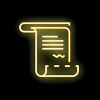 Neon yellow ancient paper scroll with signature glowing on black background vector