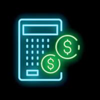 Glowing neon calculator with dollar coins icon on dark background vector