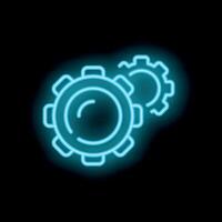 Neon glowing gears turning setting in motion on black background vector