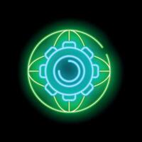 Neon icon of a gear surrounded by a globe representing global industry and technology vector