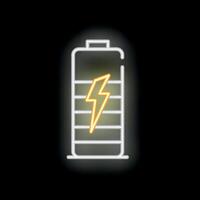 Neon battery icon glowing on dark background vector