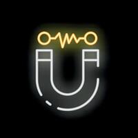 Neon magnet attracting with magnetic field lines glowing on black background vector
