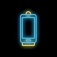 Glowing neon line icon showing a smartphone charging on a stand vector