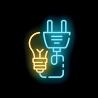Neon icon of light bulb connecting to power plug on black background vector
