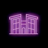 Neon sign depicting a building with glowing windows on a dark background vector