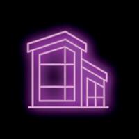 Neon sign depicting modern house with glowing windows on black background vector