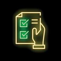 Neon hand holding checklist with check marks on dark background vector