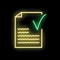 Neon green check mark validating document icon glowing on black background vector