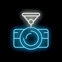 Blue neon icon of a camera flashing its light, on a black background vector