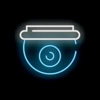 Neon security camera icon glowing on black background vector