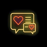 Neon sign showing speech bubbles with hearts glowing on dark background vector