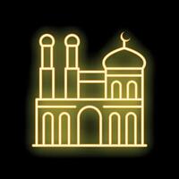 Neon yellow mosque building glowing on black background vector