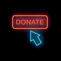 Neon donate button with cursor pointing on black background vector