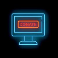 Neon computer screen displaying donate button on black background vector