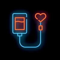 Neon icon of blood transfusion saving life with heart shape vector