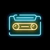 Blue and yellow neon audio cassette glowing on black background vector