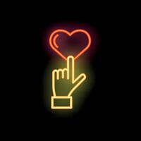 Hand pointing a neon red heart on black background vector