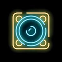Neon sign representing a subwoofer glowing on a black background vector