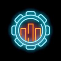 Neon icon of a gear encapsulating a bar graph on black background vector