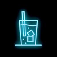 Blue neon sign showing refreshing glass of water with ice and straw on black background vector
