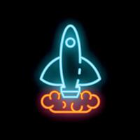 Neon rocket ship launching into space leaving a fiery trail vector
