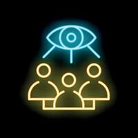 Neon icon of a large eye hovering over a group of people vector